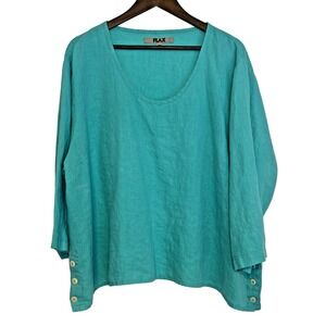Flax Sea‎ Green Linen Top Boxy Lagenlook Artsy Side Buttons Scoop Neck 2G 22-24